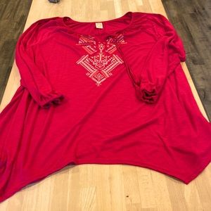 Bohemian tie neck embroidered fuchsia long sleeve tunic tee plus size 4x 26w 28w